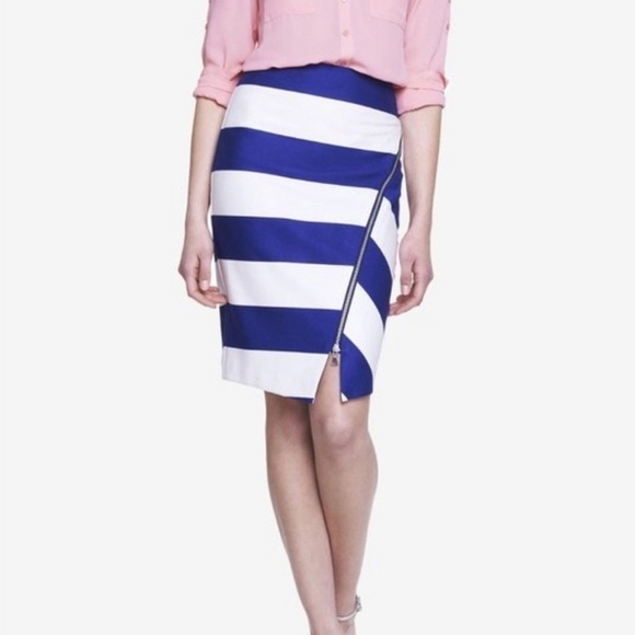 Express Women’s Blue White Striped Pencil Skirt Diagonal Zipper Detail Sz O NWT - Picture 1 of 13